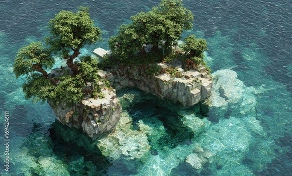 Fototapeta Island with trees in clear water