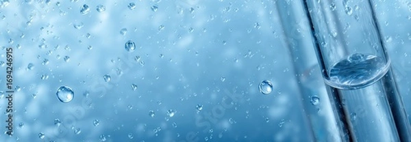Fototapeta Laboratory test tube containing liquid with water drops on blue background representing scientific experiment, analysis, and research