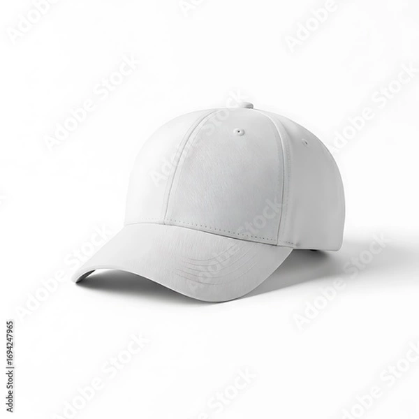 Fototapeta A  shot of a blank, white baseball cap, angled slightly, against a plain white background.