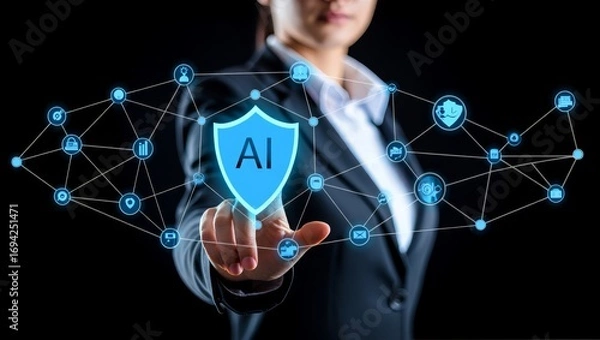 Fototapeta Understanding ai security concept with woman touching shield on network interface