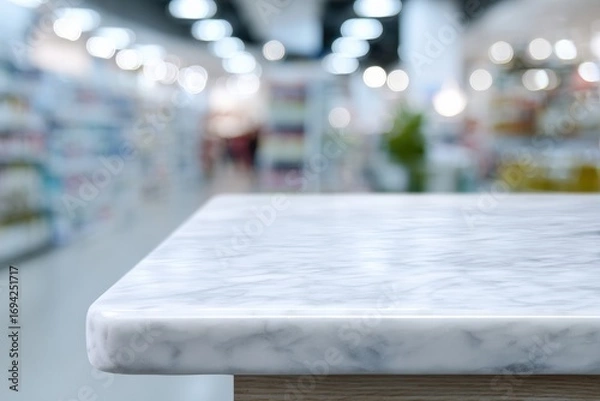 Fototapeta White marble countertop with a blurred supermarket background, ideal for product placement and showcasing retail displays