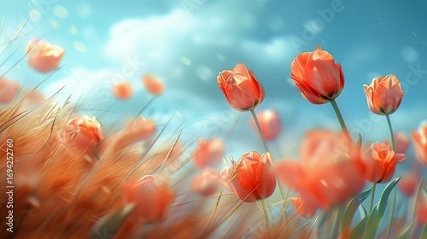 Fototapeta Captivating View of Tulips in Bloom Flowing Gracefully with Breeze