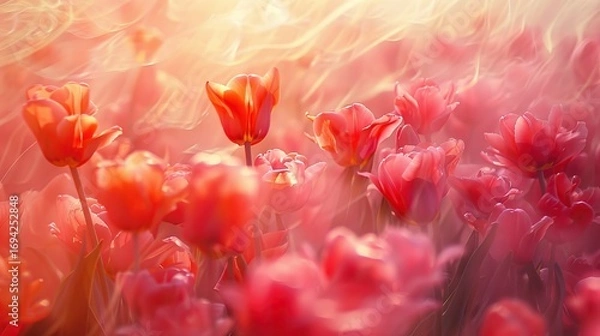 Fototapeta Wide Meadow of Tulips Blooming and Blowing Under Gentle Wind