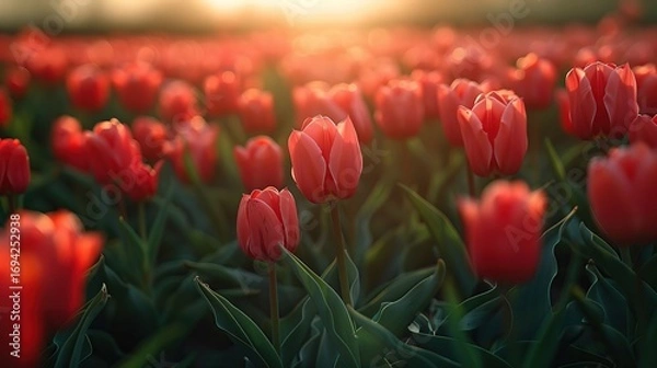 Fototapeta Field of Red Tulips Gently Flowing in the Touch of Wind