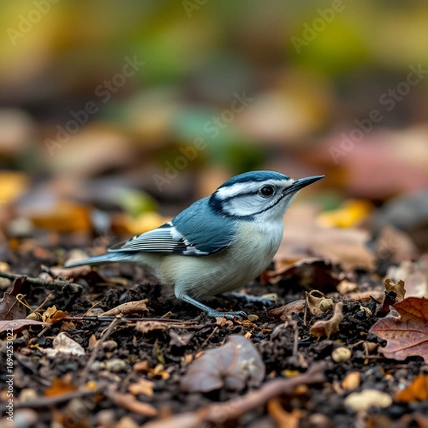Fototapeta Eurasian nuthatch (Sitta europaea) sits on the ground. nuthatch in the nature habitat. Wildlife scene from fall forest.