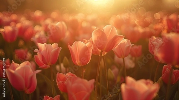 Fototapeta Delightful Countryside Field of Tulips Moved Gracefully by the Wind