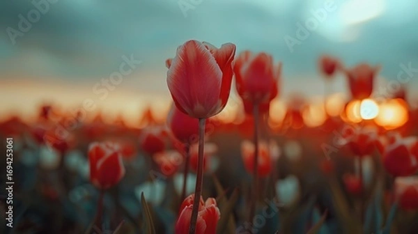 Fototapeta Spring Tulip Field Flowing with Breeze Creating a Serene Landscape