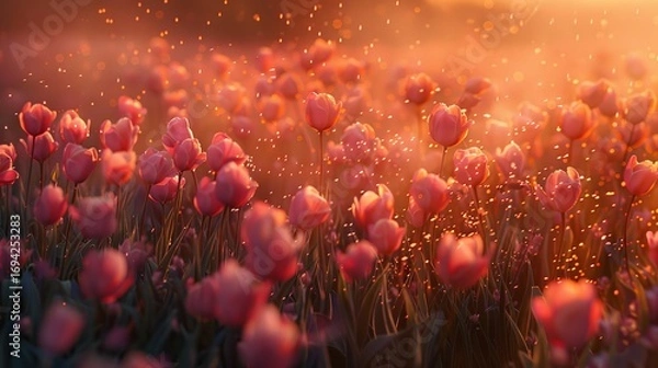 Fototapeta Vivid Colors of Tulips in a Blooming Field Shaken by Wind