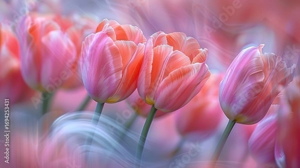 Fototapeta Scenic Landscape of Tulips Blowing Softly in a Field Wind