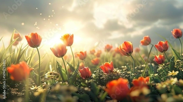 Fototapeta Romantic Scene of Tulips in a Field Blowing with Gentle Breeze
