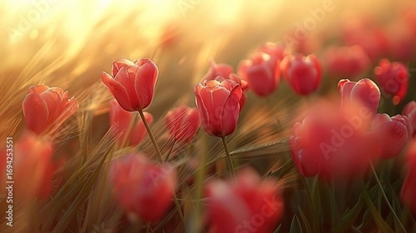 Fototapeta Colorful Tulip Blooms Swaying in the Open Windy Countryside