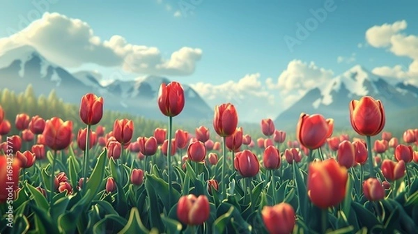 Fototapeta Charming View of Tulips in a Field Swaying with Spring Wind