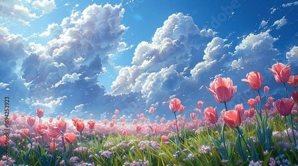 Fototapeta Stunning View of Tulips in Open Field Blowing with Spring Wind