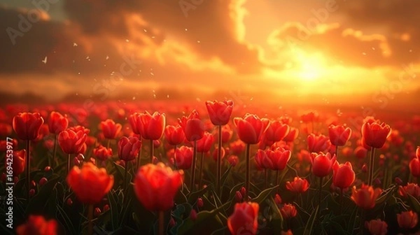 Fototapeta Tulips in the Countryside Field Blowing with the Seasonal Breeze
