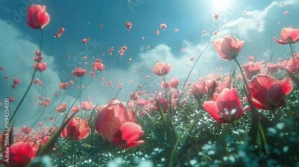 Fototapeta Fresh Spring Tulips in a Field Dancing Under the Morning Breeze