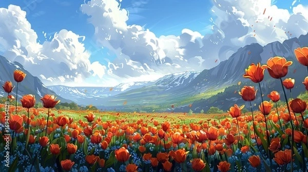 Fototapeta Peaceful Field of Tulips Flowing with the Movement of the Wind