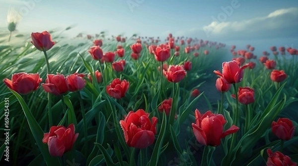 Fototapeta Vibrant Tulips Gently Moving in the Breeze of a Flower Field