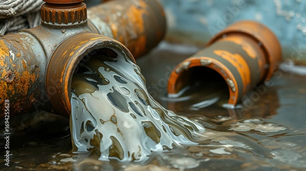 Fototapeta Dirty water is flowing out of dilapidated water pipes, presenting a scene of water pipe damage and poor water quality. The murky and polluted water gushes out from the worn - out pipes, indicating pot