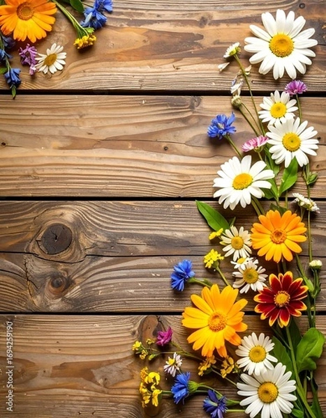 Fototapeta Colorful flowers on rustic wood