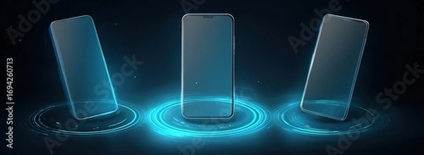 Obraz 3D vector illustration of three smartphones floating in the air, with glowing blue light effects around them on a solid background