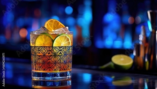 Obraz A colorful cocktail in an old-fashioned glass with ice cubes, lemon and lime slices on the rim of the drink, with geometric patterns on it