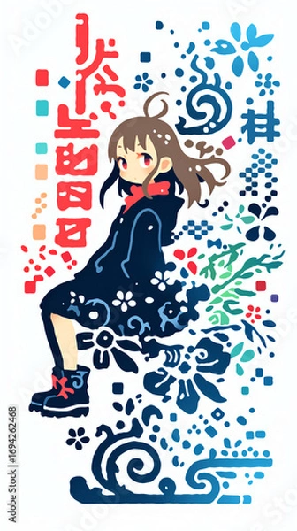 Fototapeta 物思いにふける女性、イラスト、パッチワーク