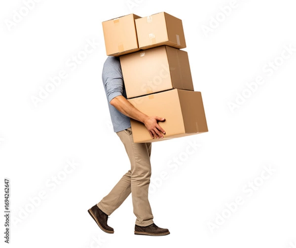 Fototapeta A man struggles to carry a large stack of cardboard boxes, depicting themes of moving, delivery, or a heavy workload isolated on a transparent background
