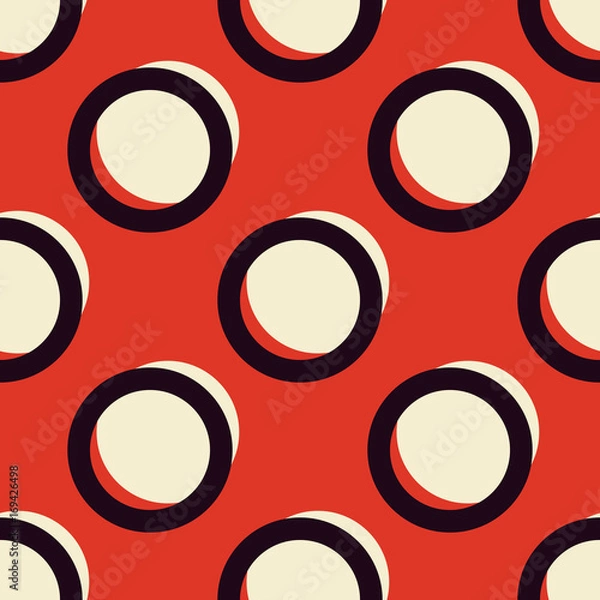 Fototapeta Red and white stylish retro polka dots seamless vector pattern. Ringed circles texture. Classy vintage repeated background for print, textile, or web use. 