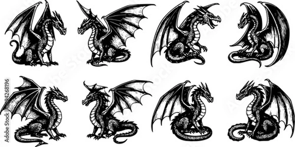 Fototapeta Set of vector dragon silhouettes on white background mythical creature collection. tattoo