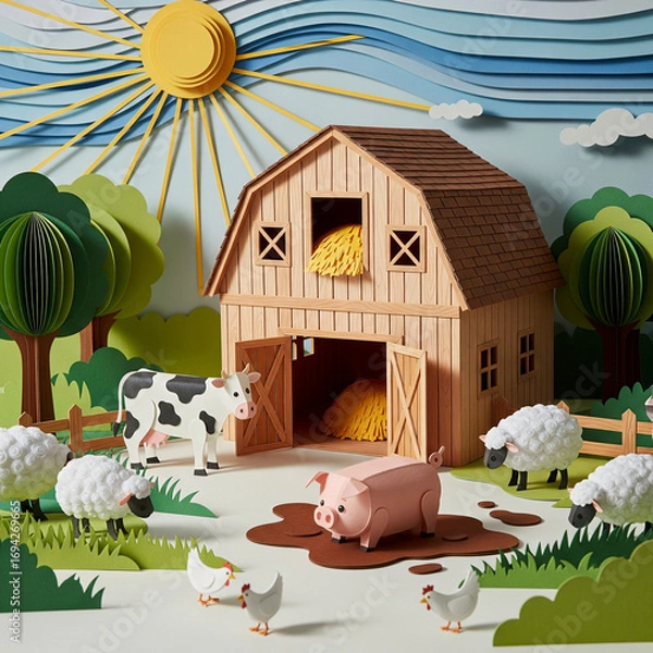 Fototapeta Charming Papercraft Farm Scene with Barn, Pig, Cow, and Sheep under a Sunny Sky