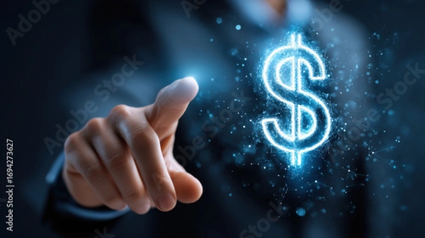 Fototapeta Business professional interacts with glowing dollar sign, symbolizing financial growth and investment opportunities. image conveys sense of innovation and modern finance