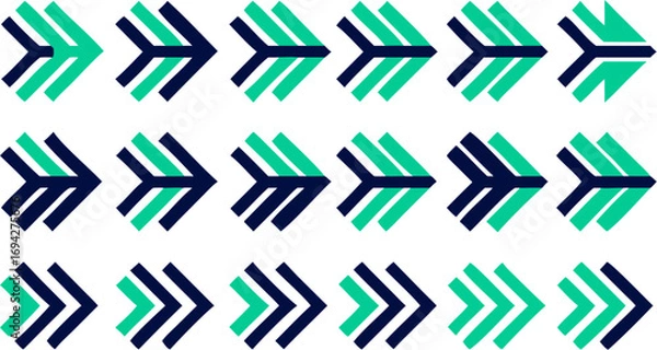 Fototapeta Pattern of alternating blue and green arrows pointing right in a repeating grid arrangement on white
