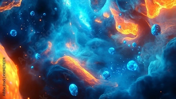 Obraz Abstract colorful background with blue and orange hues and bubble-like shapes.