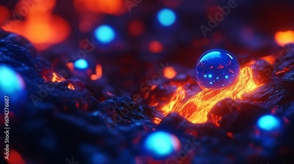Obraz Abstract digital art showcasing glowing blue orbs amidst fiery orange and dark textures.