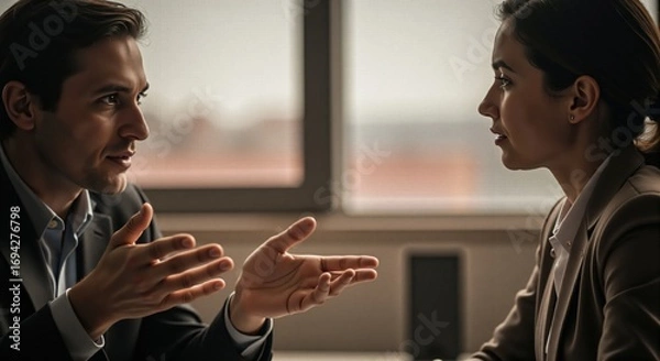 Fototapeta Professional man and woman in a business meeting. Colleagues having a serious conversation and discussion. Job interview or client consultation concept.