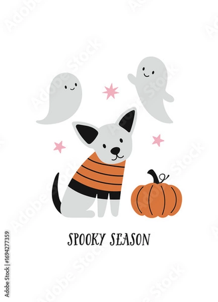Fototapeta Spooky season vector quote. Happy Halloween card. Cute dog, pumpkin and ghosts on white background. Dog print in flat style.