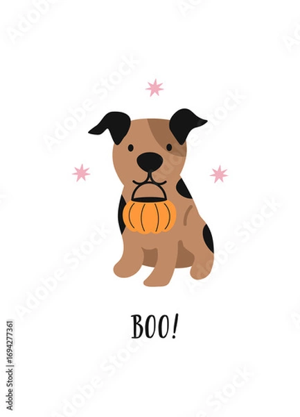 Fototapeta Boo vector quote. Happy Halloween card. Cute dog with a pumpkin basket on a white background. Dog print in flat style.