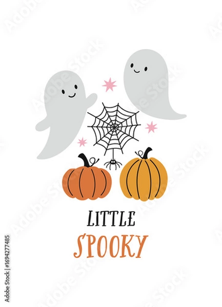 Fototapeta Little spooky vector quote. Happy Halloween card. Cute ghosts, spider web and pumpkins on white background.