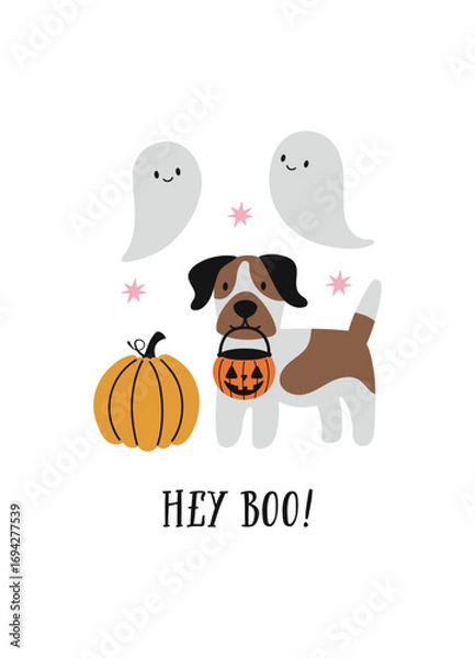 Fototapeta Hey boo vector quote. Happy Halloween card. Cute dog, pumpkin and ghosts on white background. Dog print in flat style.