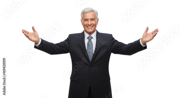 Fototapeta Smiling Older Professional in Suit – Welcoming Gesture on White Background
