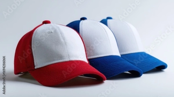 Obraz Three baseball caps on white background