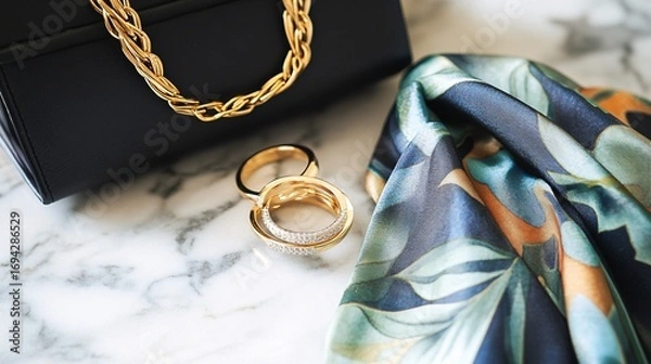 Obraz Black bag gold chain rings and patterned scarf on marble surface.