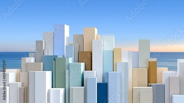 Fototapeta Abstract Minimalist Geometric Fantasy Landscape with Ocean and Skyline Elements