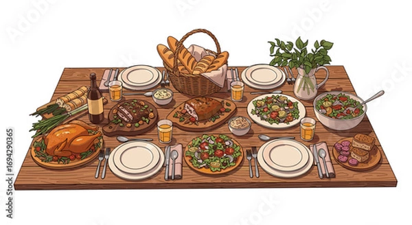 Fototapeta Overhead view of a thanksgiving feast laid out on a table