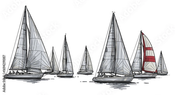 Fototapeta Illustration of several sailboats sailing on the open water