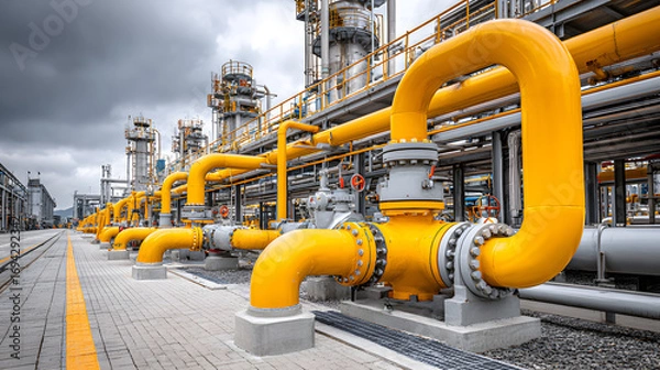 Fototapeta Compressor and pumping systems with many yellow pipe and connections in oil fild. Oil plant