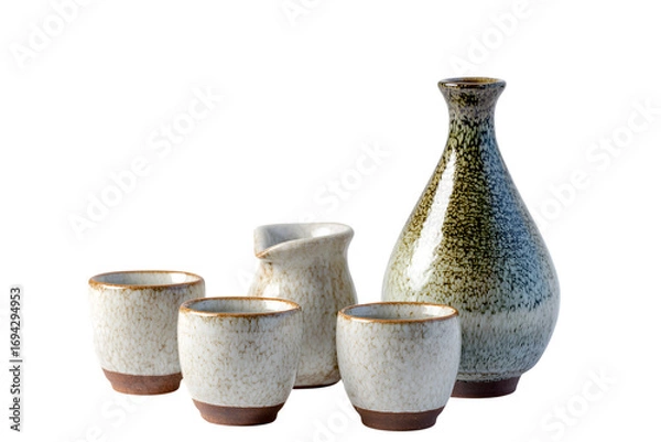Fototapeta elegant Sake set with rustic ceramic glaze and traditional design isolated on white background