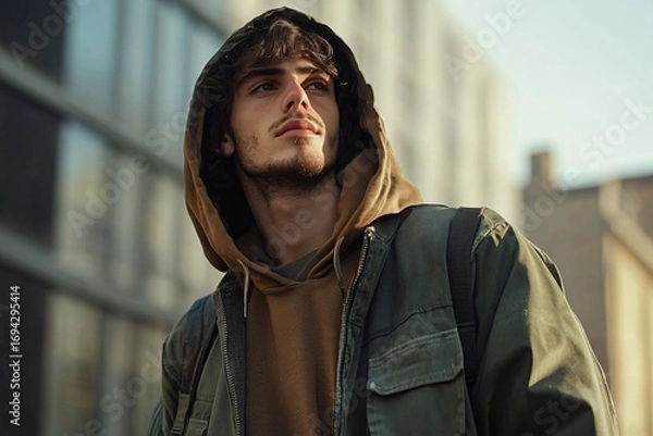 Obraz Young man wearing a hoodie and jacket stands outside a building.