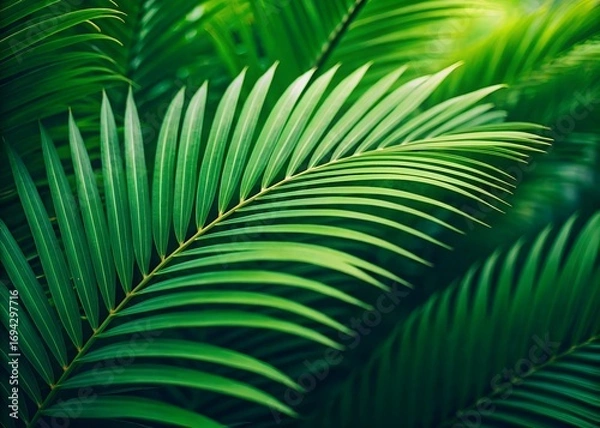 Fototapeta A close-up of vibrant green palm leaves, symbolizing growth and vitality, with vibrant colors and soft focus creating an atmosphere that evokes the fresh essence of nature's beauty.
