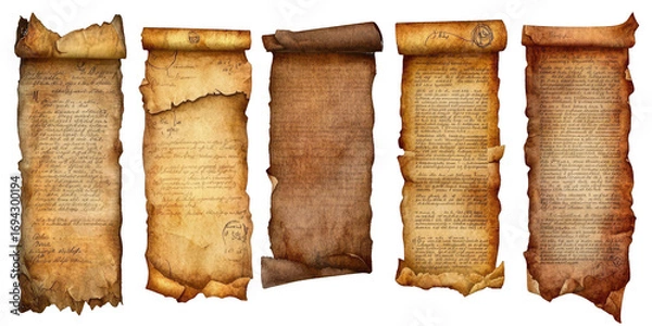 Fototapeta Collection of Ancient Parchment Scrolls blur real isolated on a transparent background
